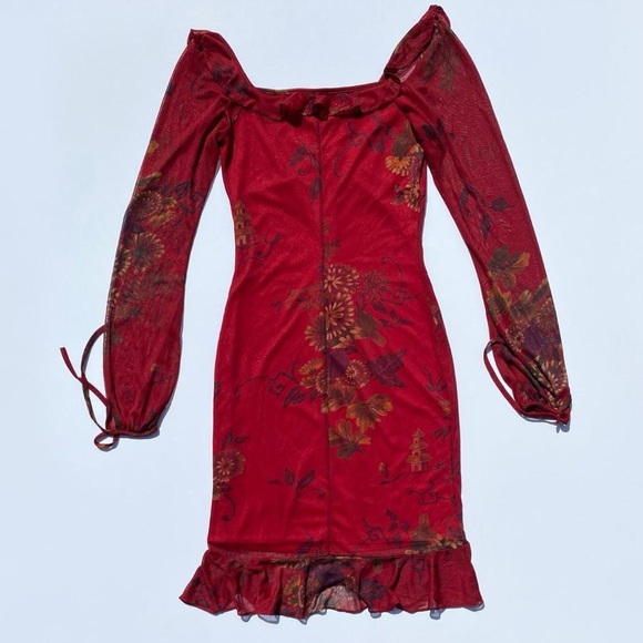 Vintage 90s Red Floral Off Shoulder Dress Women's Small Wedding Spring Summer - Picture 8 of 8